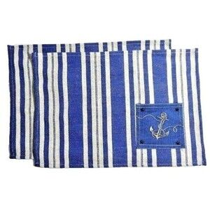 Nautical Anchor Burlap Placemats Utensil Pocket Metal Star Studs Blue 2pc Gift
